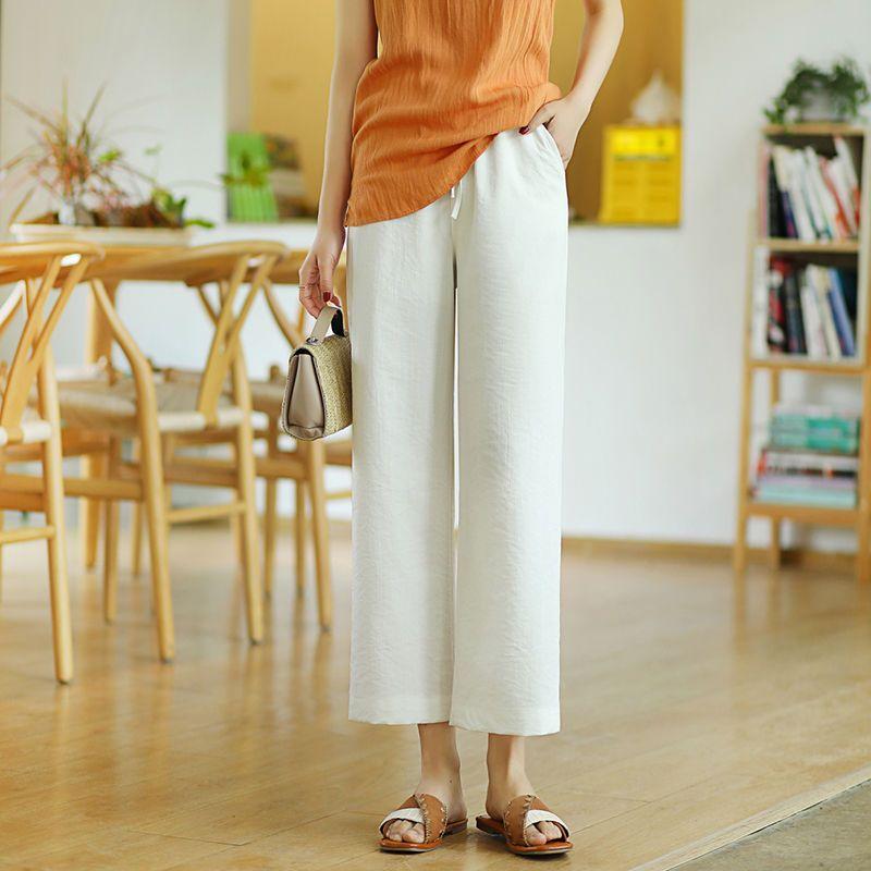 

Универсальные широкие брюки с высокой талией из льна в стиле кэжуал, подчеркивающие фигуру, прямые, однотонные, простые, женские укороченные брюки, осень 2024 S белый