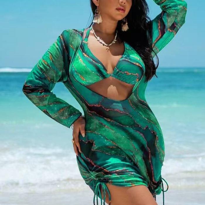 2026 New European & American Plus Size Printed Three-Piece Split Bikini Swimwear for Women 0XL зелёный