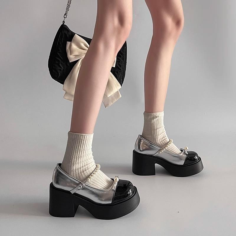High-heeled Mary Jane shoes women's summer new retro round head bow single shoes pearl thick heel jk small leather shoes