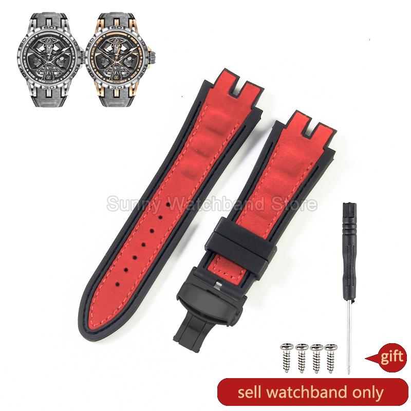 19x28mm Black Blue Red for Roger Dubuis EXCALIBUR Genuine Leather Watch Strap Special Interface Supple Moisture Wicking Design
