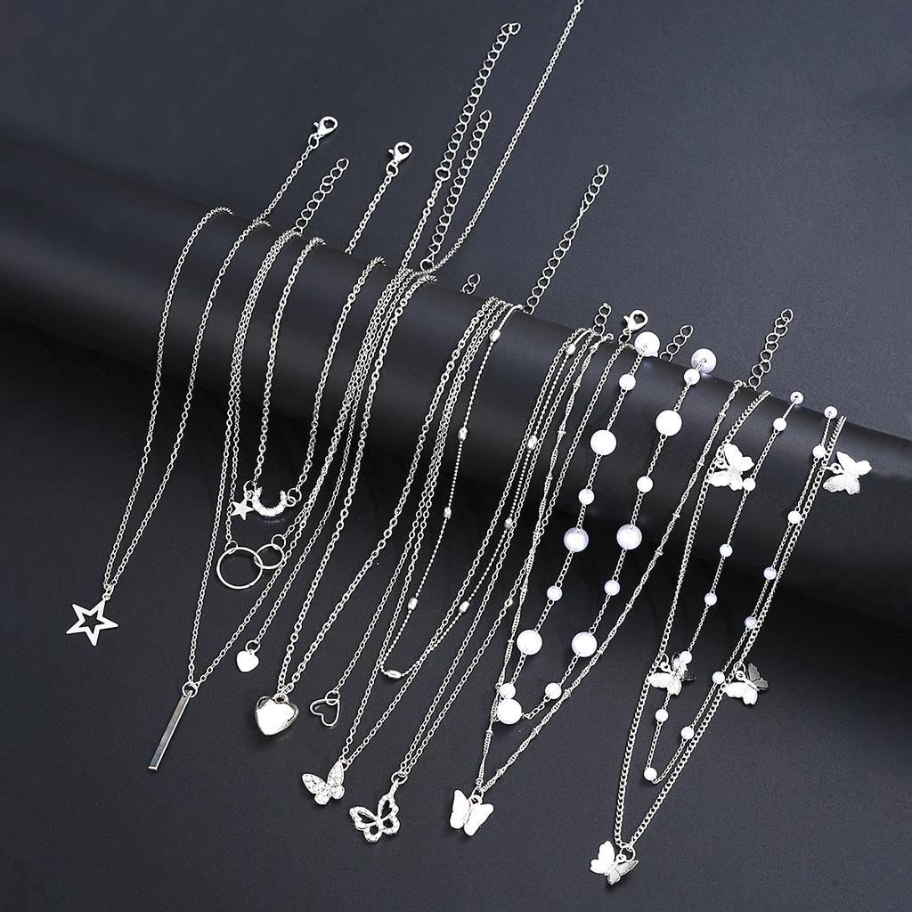 11pcs Simple Heart Butterfly Moon Pendant Necklaces For Women Elegant Silver Color Star Crystal Imitation Pearl Jewelry Set 2026