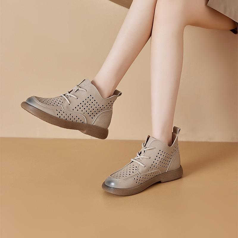 Spring first layer cowhide leather hollow Martin boots women's lace-up women's leather boots large size casual shoes
