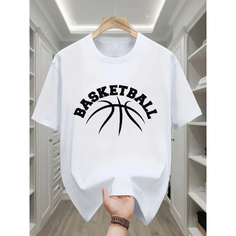 Kids Summer Crew Neck Short Sleeve T-Shirt with Line Art Basketball & Basketball Letter Print 110