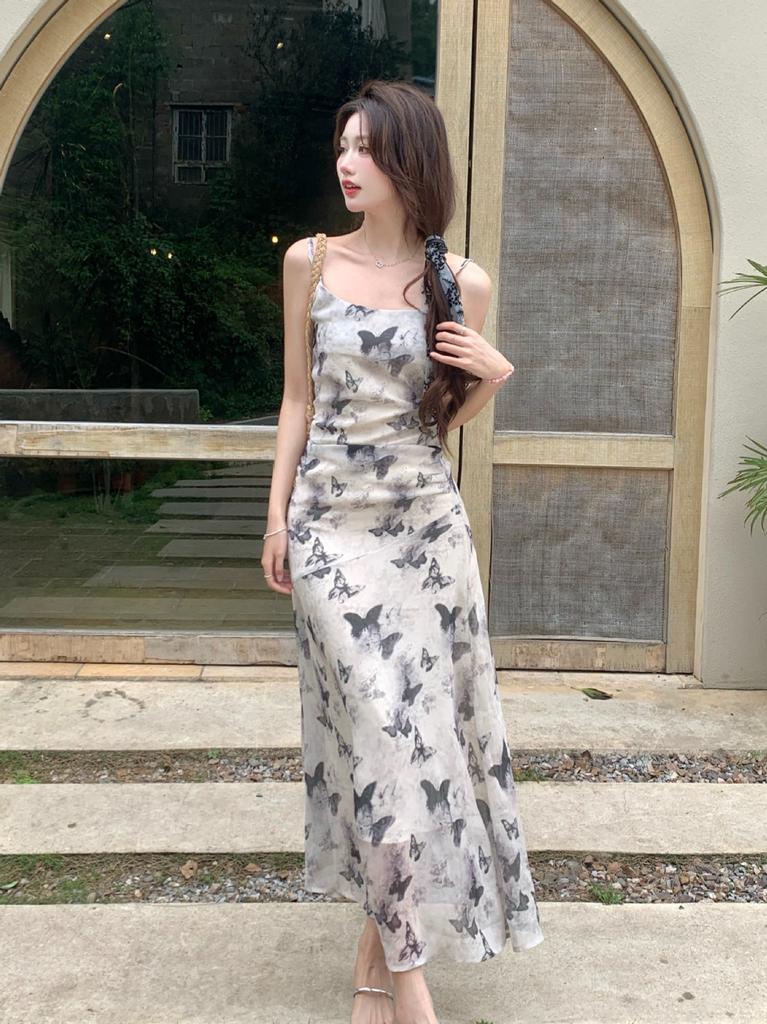 Cold Ink Butterfly Floral Suspender Dress Women, Summer New French Chic and Beautiful Temperament Dress