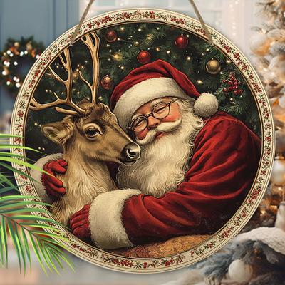 Classic Santa Claus Reindeer Christmas Wooden Sign - Navidad Round Sign for Front Door Wall Hanging Decor - Ideal Christmas Gift