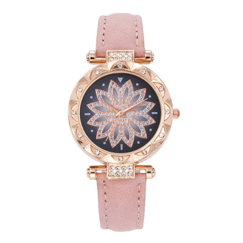 Fashionable Simple Diamond Flower Round Dial Leather Strap Women's Quartz Watch Set of 6 for Christmas and Thanksgiving Gifts