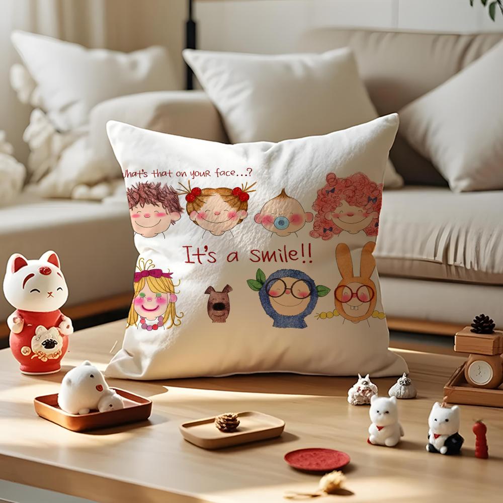 Japanese Cartoon Illustrations Cushion Cover Anti-dustmite Pillowcase Invisible Zipper Silky Short Plush Sofa Cushion Cover