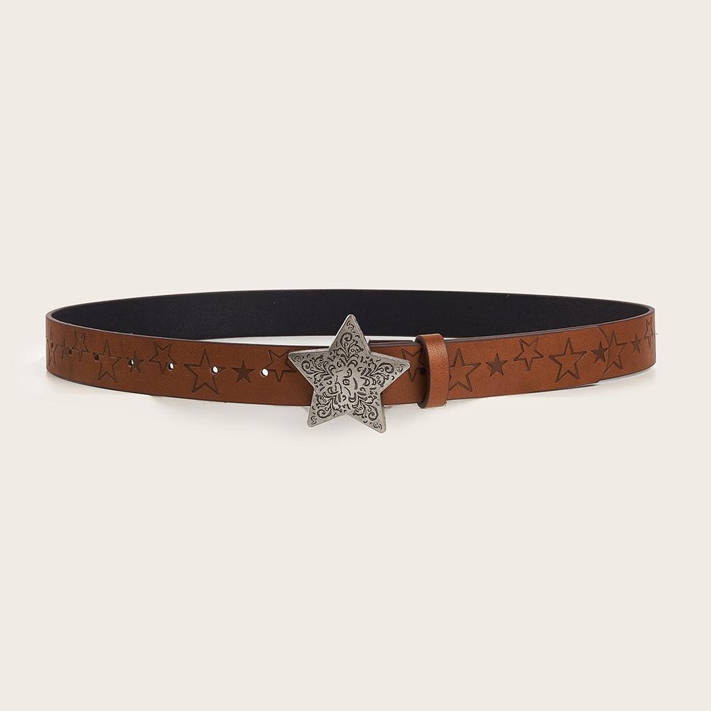 Western Cowboy Faux Leather Belts Star Pattern Buckle Waist Belt Vintage Engraved Embossed Waistband for Women Jeans