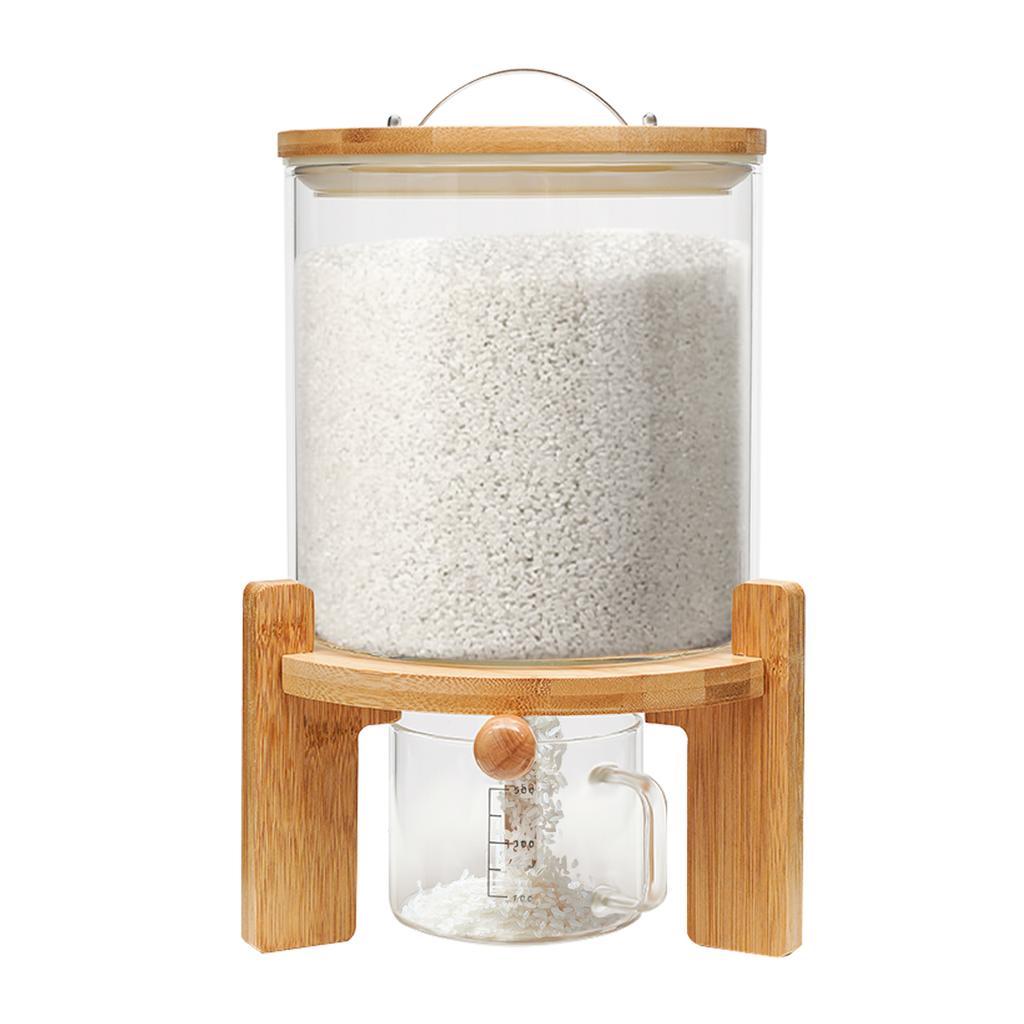 Capacity Airtight Glass Dry Food Storage, Container Cereal Rice Dispenser w/Round Bamboo Lids & Cup & Stand (5 L)