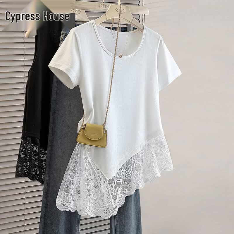 

Women s Solid U-Neck Lace-Trim Short Sleeve T-Shirt M