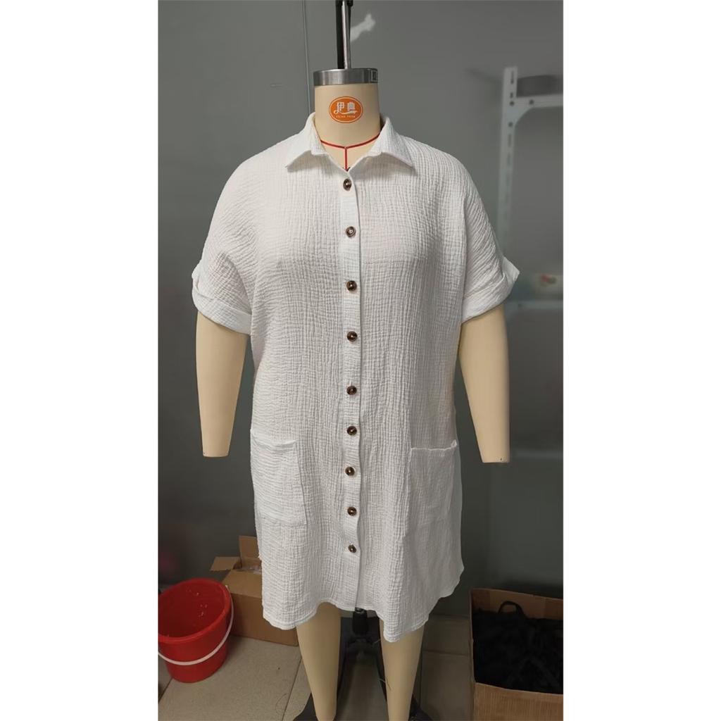 Women's Shirt Dress Solid Color Short-sleeved Lapel Cotton Linen Casual Loose Dress
