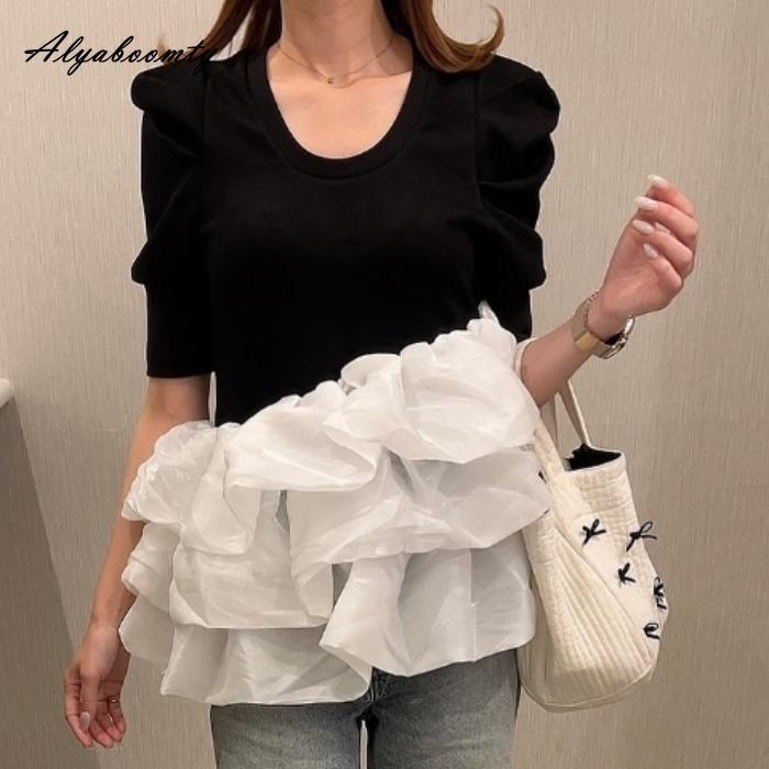 

Корейская мода лето женская уличная одежда стильный топ контрастного цвета круглый вырез серый черный белый лоскутная футболка оборки короткий рукав женская футболка ONE SIZE чёрный