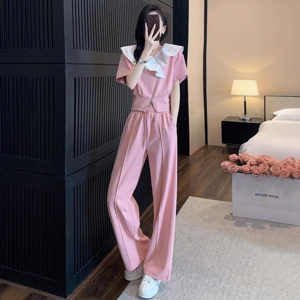 Fashionable Casual Sports Suit for Women Summer Sweet Temperament Short-sleeved Wide-leg Pants Two-piece Set