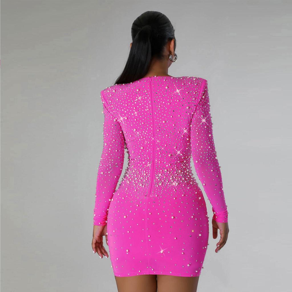 Rochie elegantă, slim fit, cu mânecă lungă și imprimeu de diamante K2926