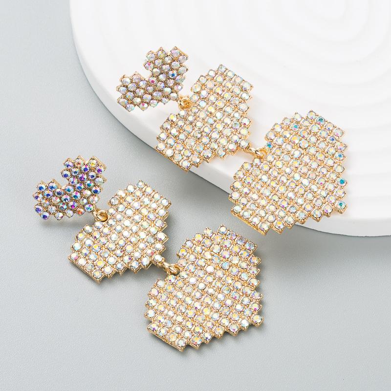 Cercei de damă exagerați lungi în formă de dragoste, din aliaj de cristal complet, cercei cu strasuri de culoare