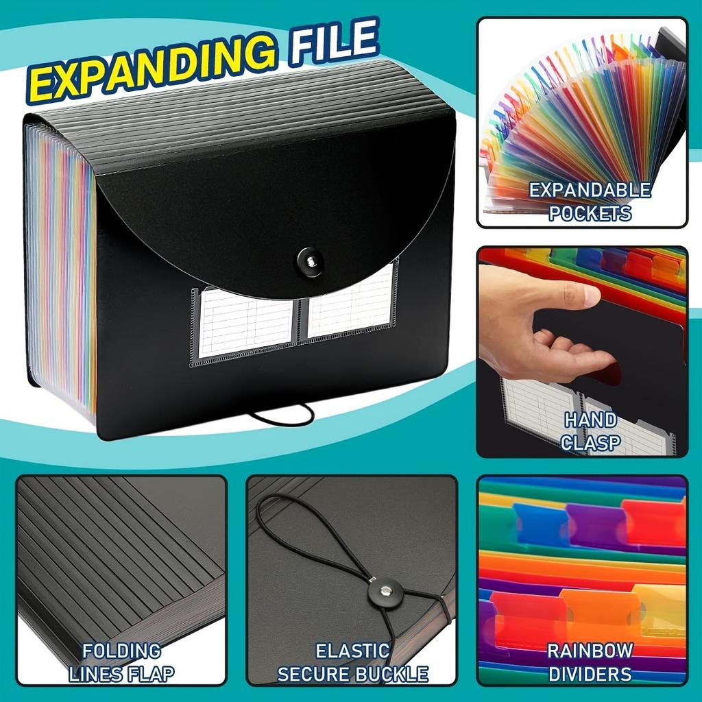 Expanding File Folder 13/24 Pocket Accordion A4 Letter Size Portable Document Organizer with Colored Tabs For Students