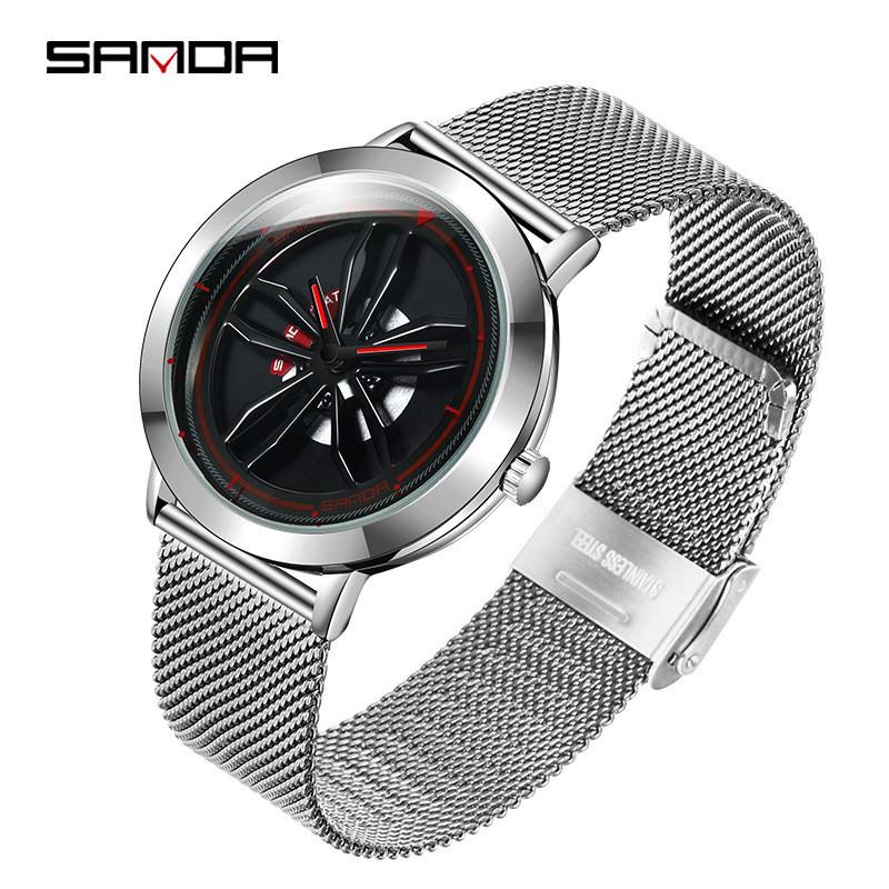 Sanda Men's Creative Rotating Quartz Wristwatch with Mesh Strap