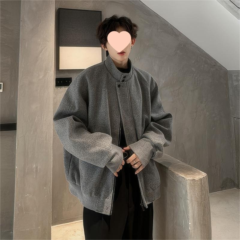 

Men s American-Style Gray Stand-Up Collar Wool Coat - Autumn/Winter Korean Short Silhouette Suit Jacket M (100-115 jin)