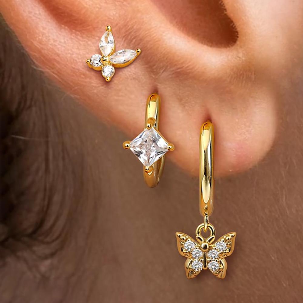3PCS Korean Stainless Steel Butterfly Crystal Zirconia Round Hoop Earrings Set For Women Gold Plated Fashion Jewelry Gift Aretes