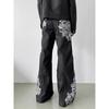 Vintage Streetwear Straight Cut Jeans Men - High Waist Loose Fit Cotton Denim Pants With Lace Print Ribbed Hem