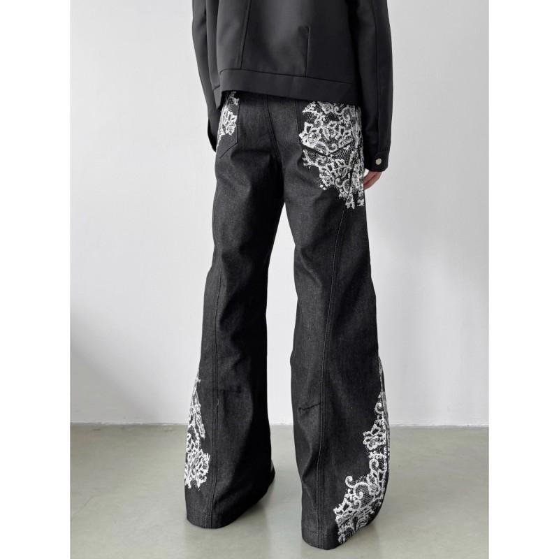 Vintage Streetwear Straight Cut Jeans Men - High Waist Loose Fit Cotton Denim Pants With Lace Print Ribbed Hem