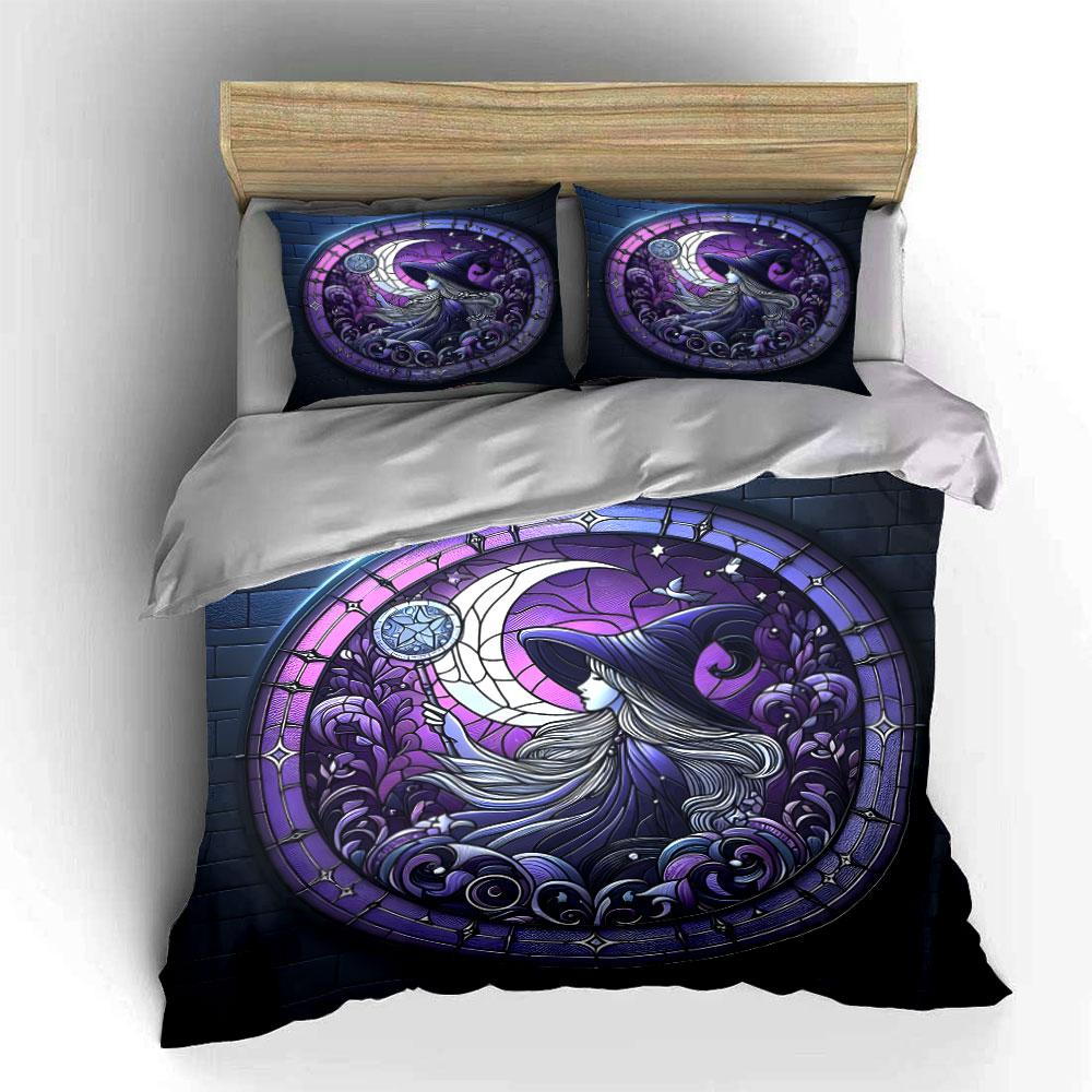 Gothic Purple Moon Witch Stained Glass Print 3Pc Bedding Set Soft Microfiber Bedding Set For Dark Aesthetic & Witchy Room Decor