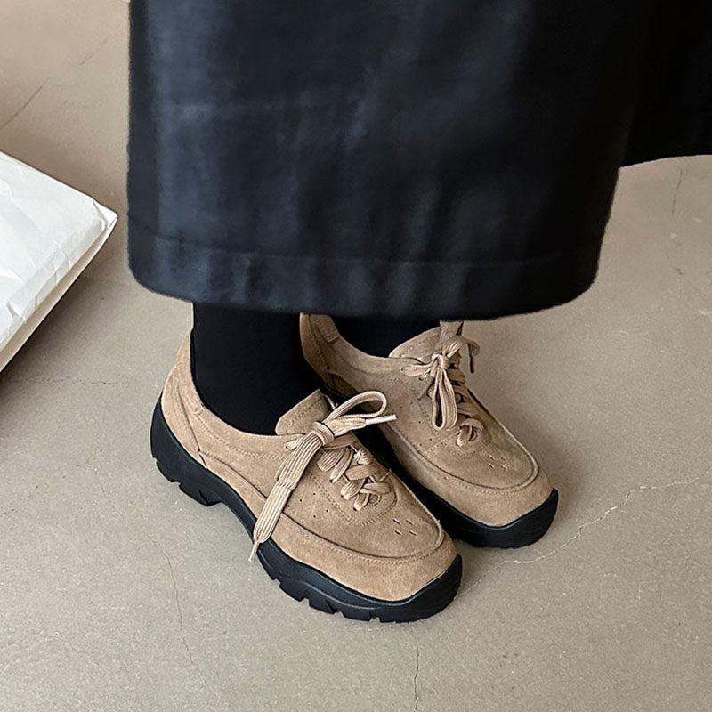 First encounter with matte lace-up fashion autumn and winter new round head inner height increase small comfortable deep mouth single shoes
