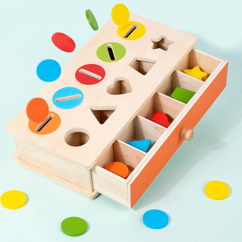 Montessori Early Education Coin Box with Color & Shape Matching Blocks - Educational Wooden Toy