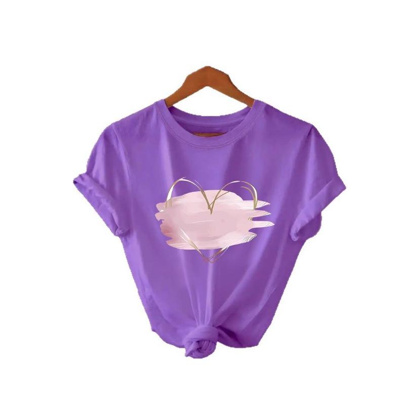 Pure Cotton Pink Heart-shaped Round-neck Loose Short-sleeved Casual Pure Cotton T-shirt