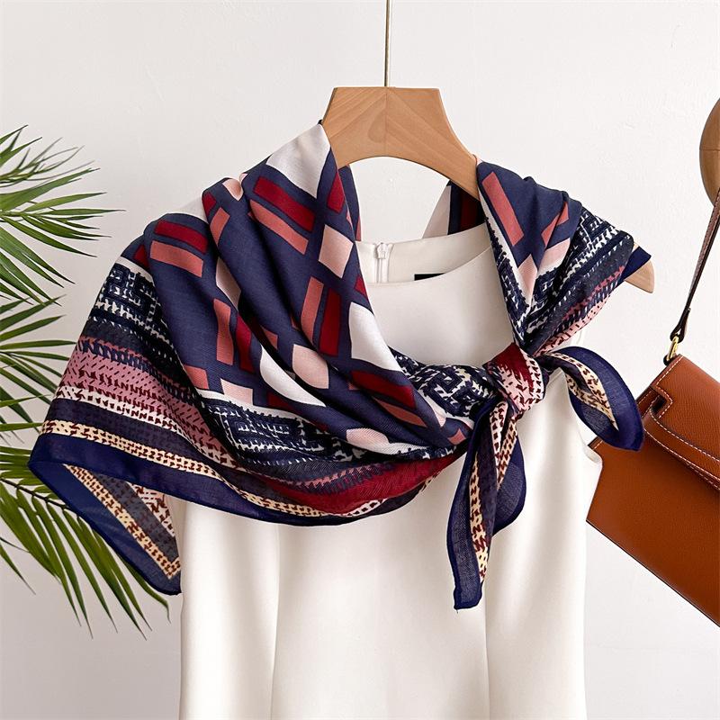 Grid 90*90Cm Twill Scarf Shawls Summer Fashion Beach Sunscreen Silk Scarves Print Square Headband Bandannas