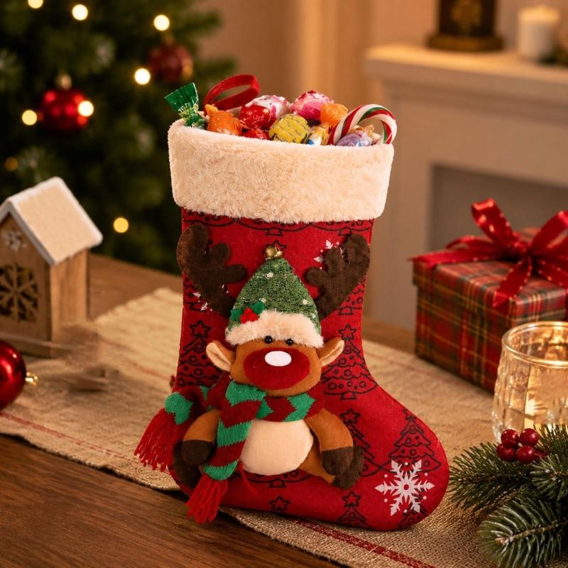 Polyester Christmas Stocking Decoration with Integrated Loop, Raised Holiday Character, Tree Print and Small Bell Feature