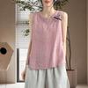 O-Neck Sleeveless Side Split Hem Loose Fit Retro Vest Women Summer Embroidery Pattern Top Streetwear