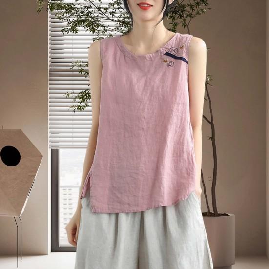 O-Neck Sleeveless Side Split Hem Loose Fit Retro Vest Women Summer Embroidery Pattern Top Streetwear