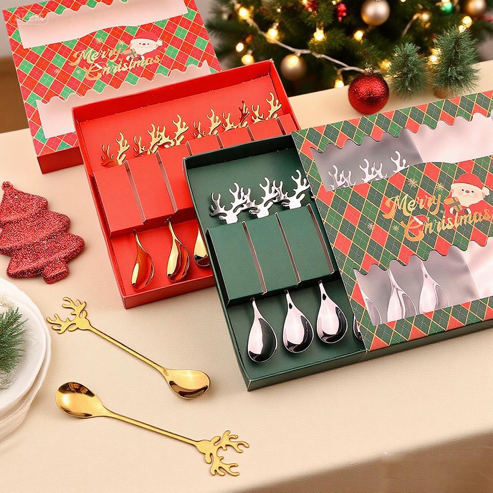 Reindeer-Themed 304 Stainless Steel Coffee and Dessert Mixing Spoon Gift Set In Cute Christmas Box