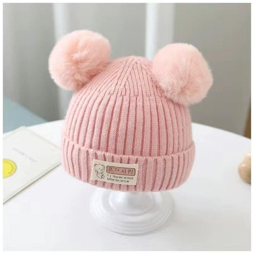 Baby hat autumn and winter fleece thickened knitted hat bear cute super cute baby wool hat men's and women's hat Korea