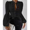 Plus Size Shirts Women Elegant Tops Fashion Lace Patchwork Lantern Sleeve Vintage Stand Hollow Out Casual Loose Blouse Women Buttons Slim Shirt 3291