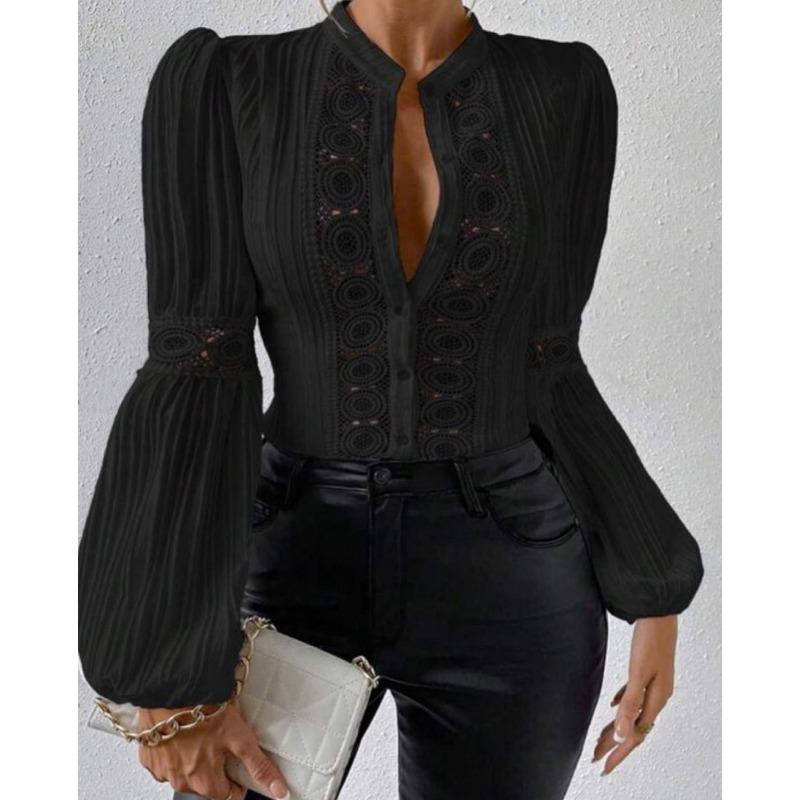 Plus Size Shirts Women Elegant Tops Fashion Lace Patchwork Lantern Sleeve Vintage Stand Hollow Out Casual Loose Blouse Women Buttons Slim Shirt 3291