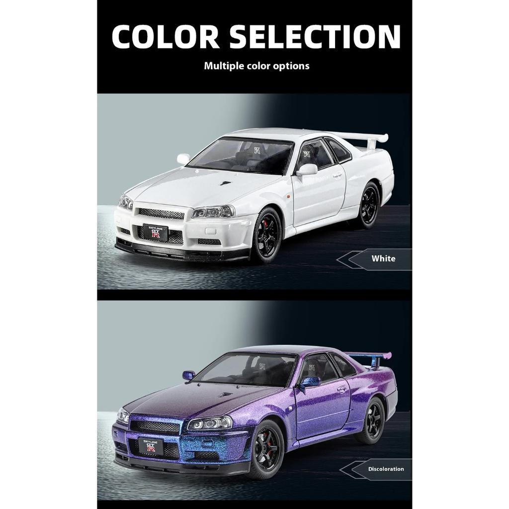 Model Mașină Aliaj Nissan GTR-R34 la Scară 1/24 cu Efecte Sonore Autentice, Jucărie Premium de Colecție pentru Copii și Adulți