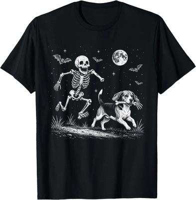 Funny Skeleton Chasing Beagle Halloween Dog Mom Pet Lover T-Shirt