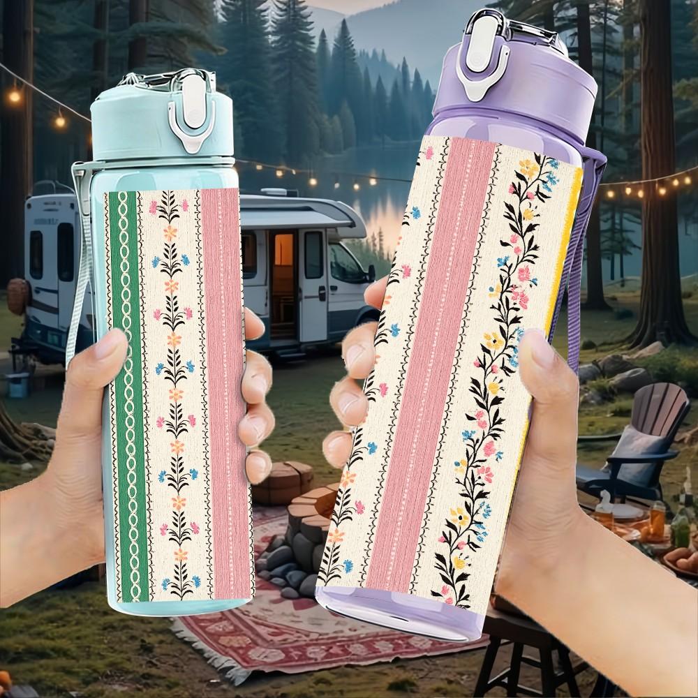 1PC Ethnic Striped Boho Textile Print 750ml Color Plastic Sports Water Bottle Leakproof Flip Straw Lid Suitable for Sports Office Home Use