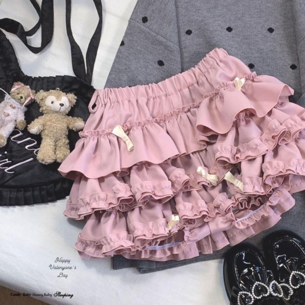 

Qooth Summer A-line Sweet Ruffle Mini Skirt Korean 3 Layer Cake Skirt Fashion Women Slim Tutu Skirt QT2615 S рожевий