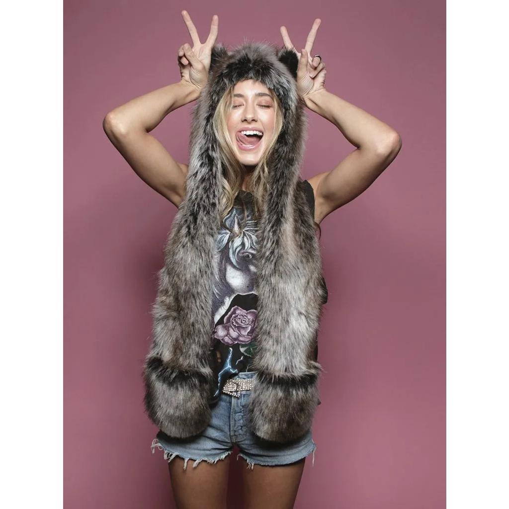Women Girls Y2K Beanie Fur Animal Hat Scarf Glove Mitten 3-in-1 Function Furry Hoodie with Paws Ears Party Costume