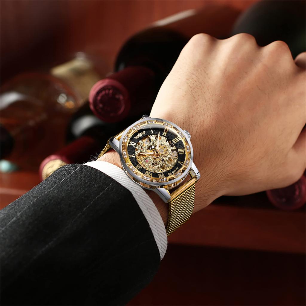 Forsining Winner Retro Manual Skeleton Watch Diamond Carving Flower Craft Men Gold Classic Roman Numerals