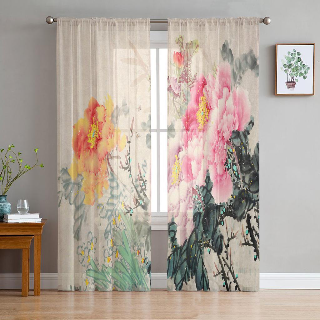 Landscape Ink Painting Chinese Style Sheer Tulle Window Curtains For Living Room Bedroom Kitchen Veiling Curtain Home Decoration