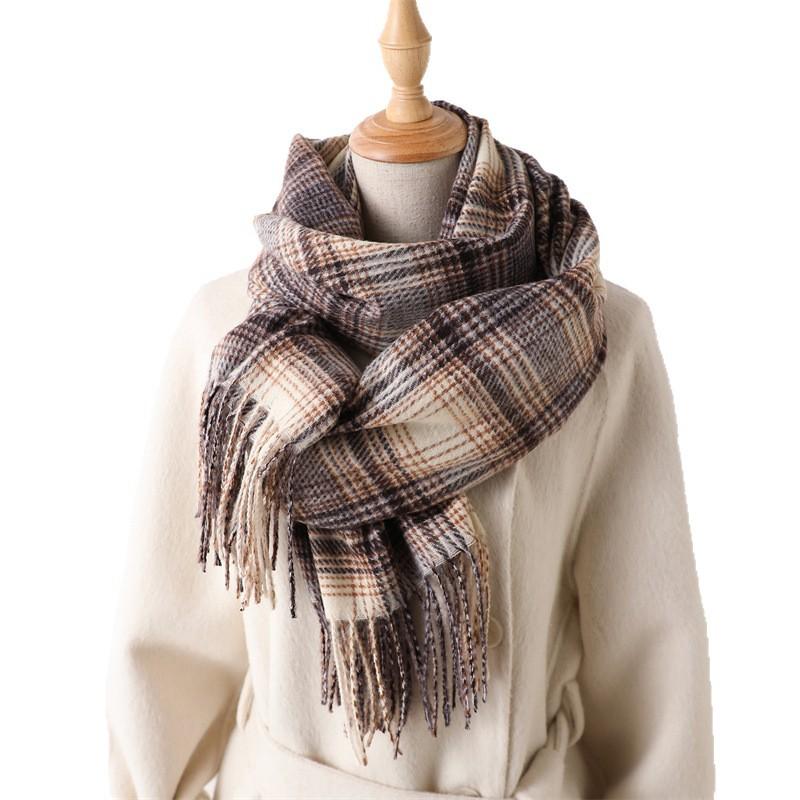 Korean version of imitation cashmere literary lines plaid warm shawl scarf autumn and winter fashion atmosphere versatile fringed scarf