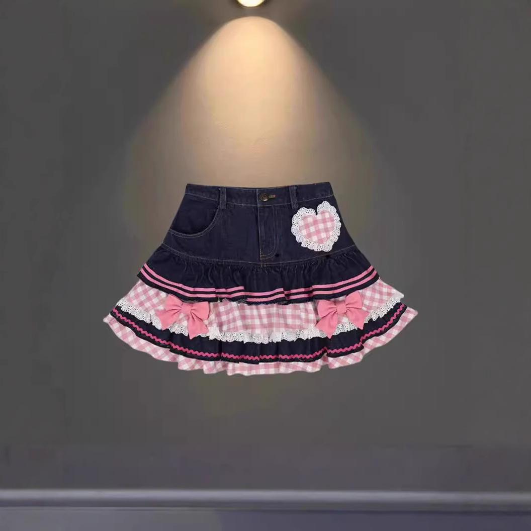 

European & American Style Pink Pleated Denim Skirt for Women - Petite, Lightly Mature Summer Fashion M