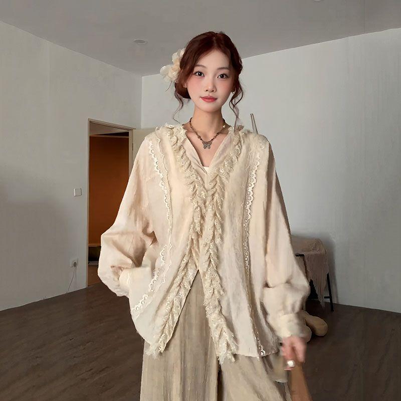 Women's Beige Long-Sleeve Blouse With Ruffled Lace Detail And V-Neck Design