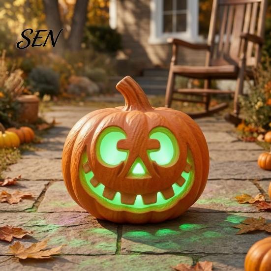 Resin Pumpkin Lamps LED Halloween Light, Light Up Jack O Lantern Decor, Color Ghost Face Lights Gradient Glowing Lamp for Yard Porch Window