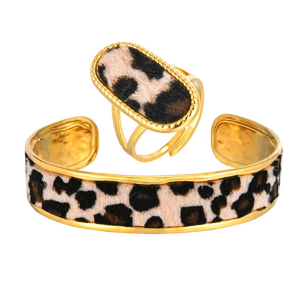 Modisches Plüsch-Leopardenmuster Breites Armband für Damen, 18K Goldfarbener Edelstahl Offener Armreif, Charm Luxus Schmuck