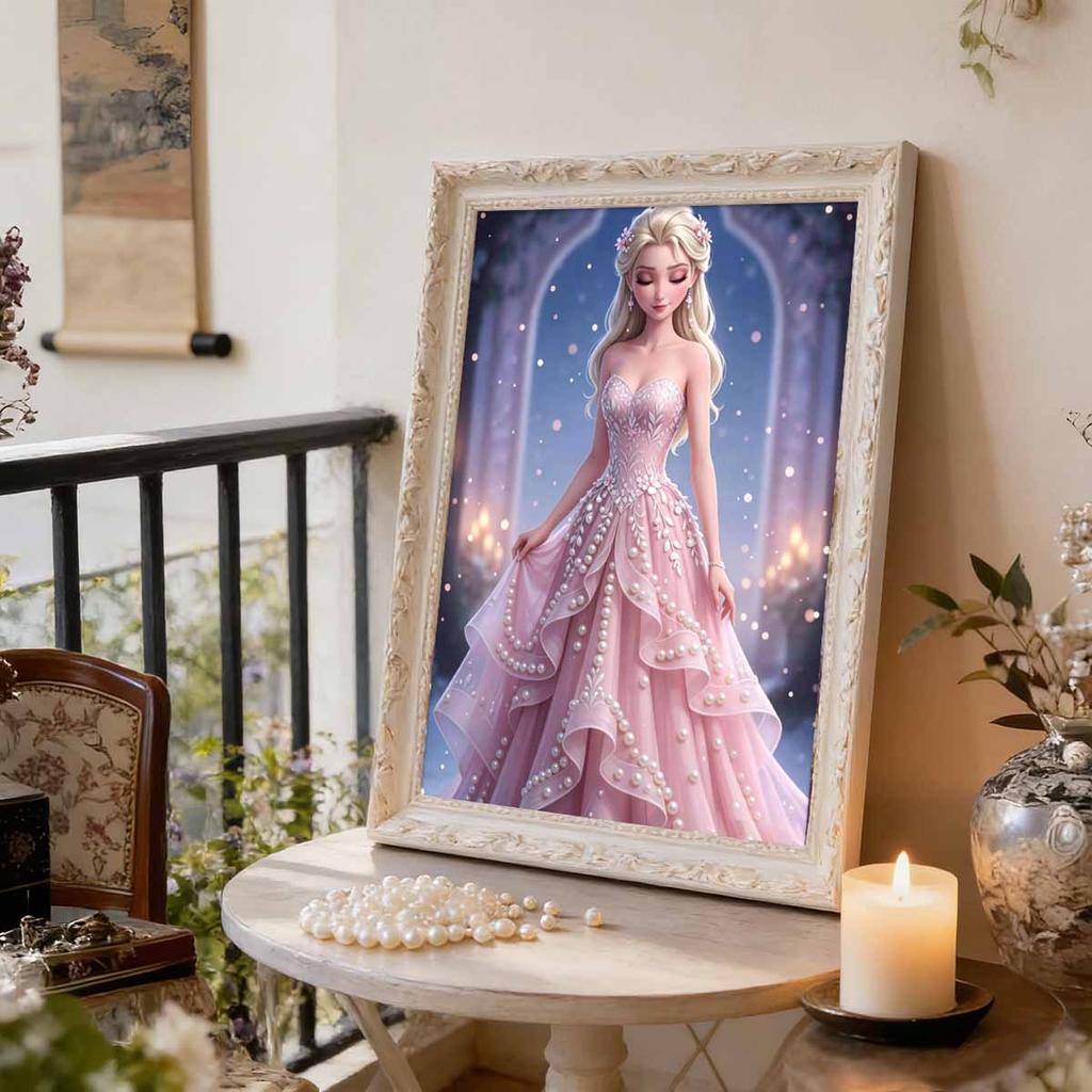 Pink Gown Starry Elsa New Pearl-Inlaid Frameless Art | Handmade Pearl Craft, Starry Arch & Candlelight Theme, for Romantic Luxury Decor